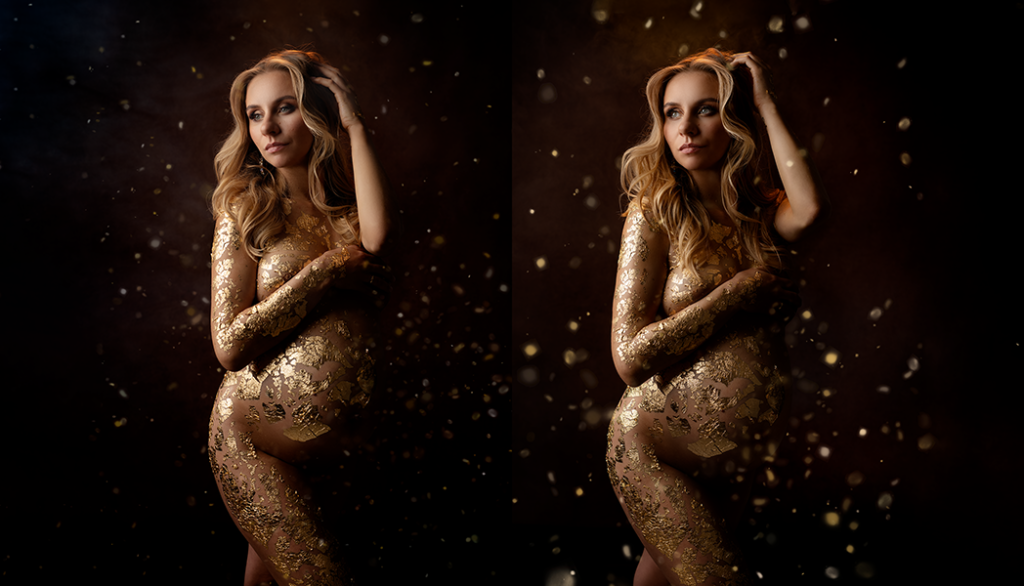 maternity session in golden leaf flakes